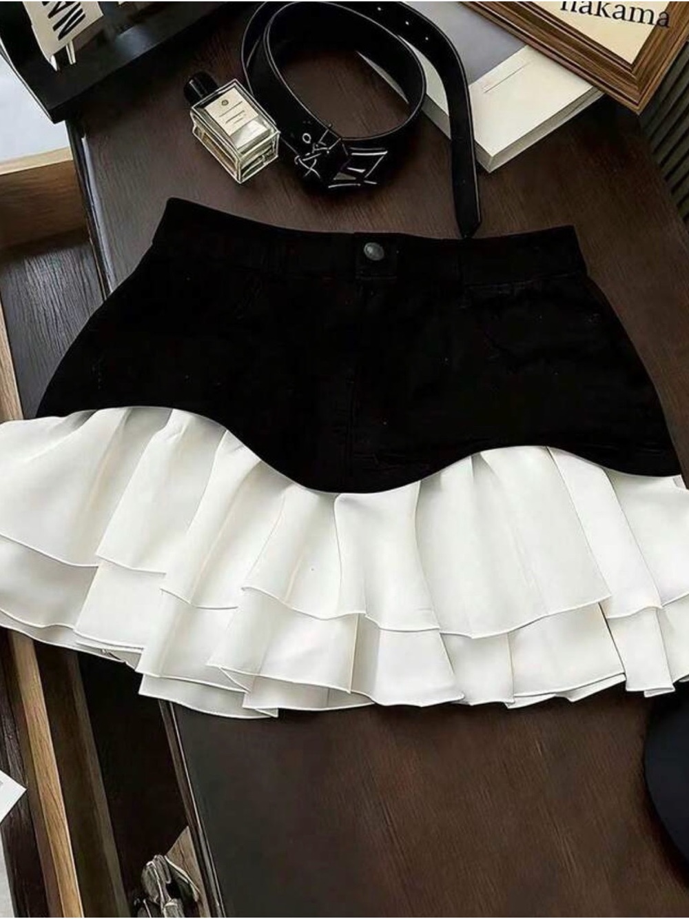 Black and White Ruffle Hem Mini Skirt